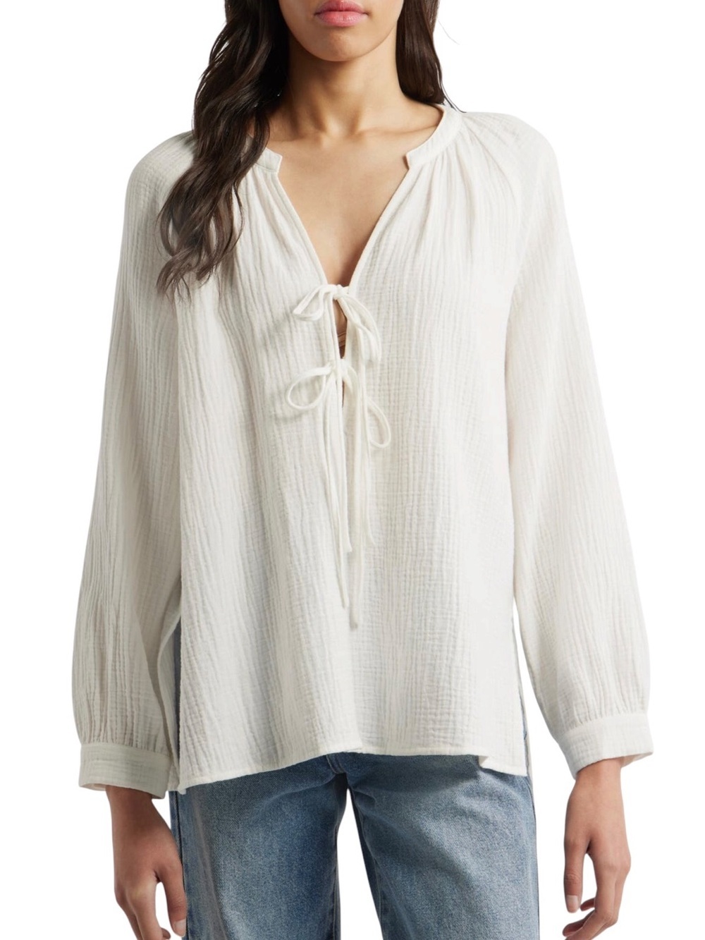 Rails Brielle Organic Cotton Gauze Tie Neck Top Long Sleeved Blouse XL White